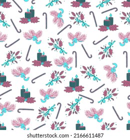 Christmas and New Year vector seamless pattern. Spruce branches decorated with Christmas candy canes lollipops. 