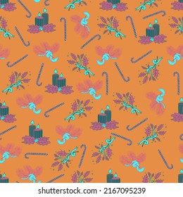 Christmas and New Year vector seamless pattern. Spruce branches decorated with Christmas candy canes lollipops. 