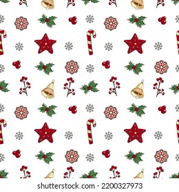 Christmas and New Year vector seamless pattern with doodles winter elements. Christmas balls, snowflakes, gift boxies, candy canes, gingerbread man, wreath, christmas trees, stars, bells, garlands.