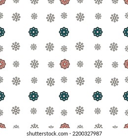 Christmas and New Year vector seamless pattern with doodles winter elements. Christmas balls, snowflakes, gift boxies, candy canes, gingerbread man, wreath, christmas trees, stars, bells, garlands.