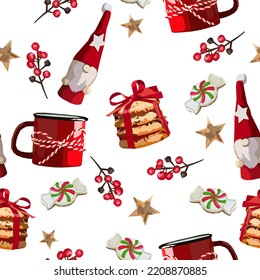Christmas and New Year vector seamless pattern with holiday attributes
