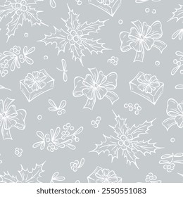 Christmas and New Year Vector Seamless Pattern, Hand Drawn Outline Holly, Mistletoe, Gift Boxes and Bows. Winter Holiday Gray Silver White Background.