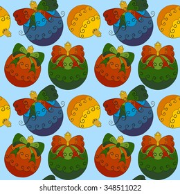 Christmas and New Year vector seamless pattern. Hand-drawn multicolored balls with bows. Blue background. For backdrop, fabric, wallpaper, wrapping, winter holiday design. Eps 8.