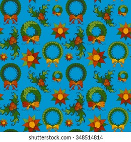 Christmas and New Year vector seamless pattern. Hand-drawn multicolored wreath, bow, mistletoe, poinsettia. Blue background. For backdrop, fabric, wallpaper, wrapping, winter holiday design. Eps 8.