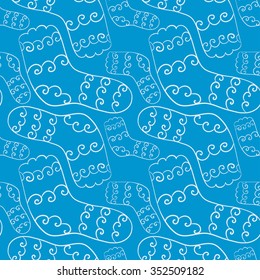 Christmas and New Year vector seamless pattern. Hand-drawn white socks. Blue background. For backdrop, fabric, wallpaper, wrapping, winter holiday design. Eps 8.