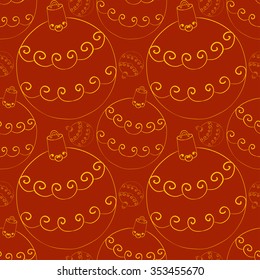 Christmas and New Year vector seamless pattern. Hand-drawn yellow balls. Red background. For backdrop, fabric, wallpaper, wrapping, winter holiday design. Eps 8.