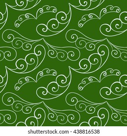 Christmas and New Year vector seamless pattern. Hand-drawn white garlands. Green background. For backdrop, fabric, wallpaper, wrapping, winter holiday design. Eps 8.