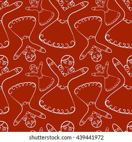 Christmas and New Year vector seamless pattern. Hand-drawn white gingerbread girl. Red background. For backdrop, fabric, wallpaper, wrapping, winter holiday design. Eps 8.