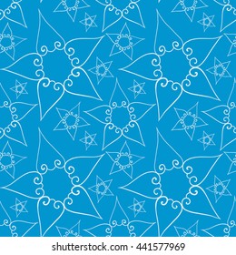 Christmas and New Year vector seamless pattern. Hand-drawn white stars. Blue background. For backdrop, fabric, wallpaper, wrapping, winter holiday design. Eps 8.