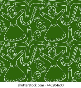 Christmas and New Year vector seamless pattern. Hand-drawn white sweets, gingerbread men, candy canes. Green background. For backdrop, fabric, wallpaper, wrapping, winter holiday design. Eps 8.