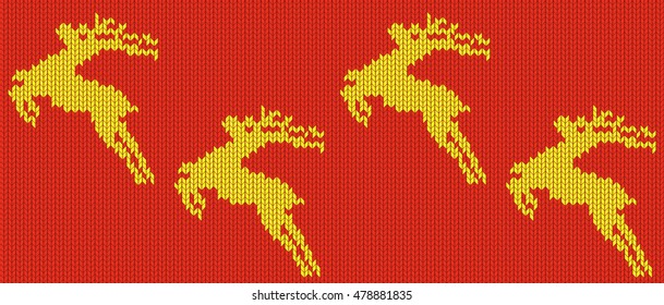 Christmas and New Year vector seamless pattern with flying reindeer Santa Claus, stylized knitted texture