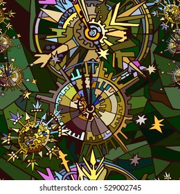 Christmas and New Year vector seamless pattern with snowflakes in steam-punk style. Hand drawn.  