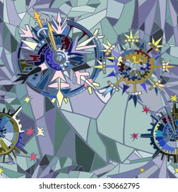 Christmas and New Year vector seamless pattern with snowflakes in steam-punk style. Hand drawn.  