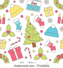 Christmas and New Year Vector Seamless Pattern with Christmas Tree, Green Wreath, Christmas Stocking, Candy Cane, Holly, Calendar, Candles, Gift, Winter Hat, Snowflakes, Red Berries and Sparkles