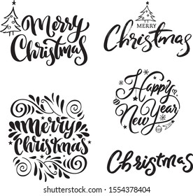 Christmas and New year vector set of  lettering and ornamental elements. Merry Christmas and Happy New Year text for invitation and greeting card, prints and posters. Hand drawn calligraphic design
