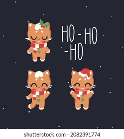 Christmas \ New Year vector set. cute gingerbread kittens on a blue background