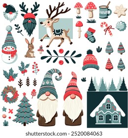 Christmas and new year vector set with gnomes mushrooms deer house tree wreath hat sock mug cookie candy and more in scandinavian and nordic style perfect for holiday decor and festive designs