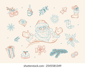 Christmas and New Year Vector Set. Happy Santa Claus and Christmas Decorations, Gifts, Treats. Hand Drawn Outline Elements Design.