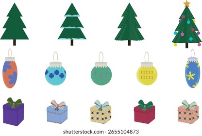 Christmas and New Year vector set: trees, gifts, baubles. Perfect for festive decor, cards, web, holiday projects, winter design.