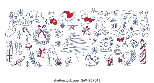 Christmas and New Year vector set with tree, gifts, wreath, snowflakes, candles, and decorations. Perfect for cards, wrapping, and festive design projects