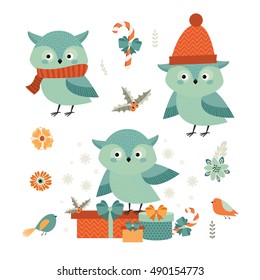 Christmas and New Year. Vector set with cute little owls.
