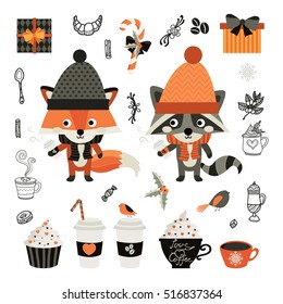 Christmas and New Year. Vector set with cute fox and raccoon. Coffee drinks