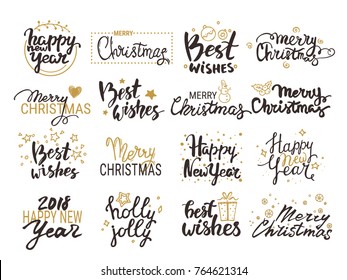 Christmas & New Year vector set: handwritten lettering, label, emblem, text design elements with golden winter holiday symbols. Festive quotes Merry Christmas, Happy New Year 2018, Best wishes.