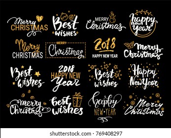 Christmas & New Year vector set: handwritten lettering, holiday label, emblem, text design elements with gold glittered winter symbols. Festive quotes Merry Christmas, Happy New Year 2018, Best wishes