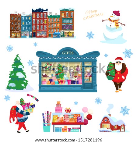 Christmas and New Year vector set. Snowy houses, snowman, Christmas tree, gift shop with presents, Santa with gifts, present bags and wrapping paper, countryhouse, snow flakes.