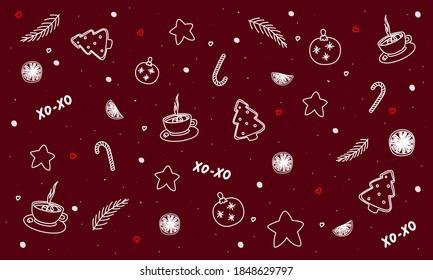 Christmas and new year vector sweet holiday background with cookies, coffee Cup, spruce twig, stars and snow in red and white colors.