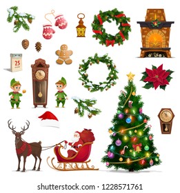 Christmas and New Year vector symbols of winter holidays. Santa, gifts and Xmas tree with bells, candy and balls, red hat, pine wreath and gingerbread, candle, poinsettia, reindeer sleigh and elves