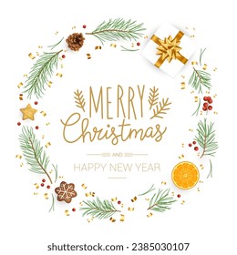 Christmas and New year vector template with christmas tree branches, stars, cones and holly berries on venge dark wood background.