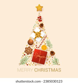 Christmas and New year vector template with christmas tree branches, stars, cones and holly berries on venge dark wood background.