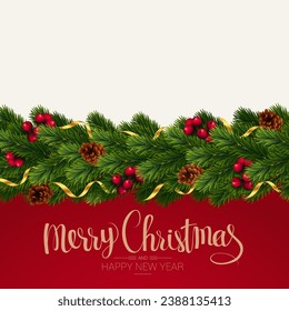 Christmas and New year vector template with christmas tree branches, stars, cones and holly berries on venge dark wood background.