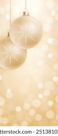 Christmas or New Year vertical banner with golden bokeh and hanging balls. Gold background, realistic 3D decoration, copy space. Vector monochrome template for stories or roll up banner design.