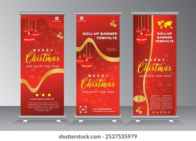 Natal e Ano Novo design de banner vertical. roll-up criativo para convite, anúncio, estilo de linha de ouro moderno feriados design roll-up conceito de banner com vermelho e cor de ouro, vetor