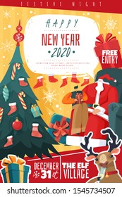 Christmas New Year Vertical Poster Invitation In Cartoon Style With Wishes, Characters Symbols Of The Holiday. Banner. Gala Dinner, Fir With Toys, Champagne, Deer, Santa Claus, Kid. Vector