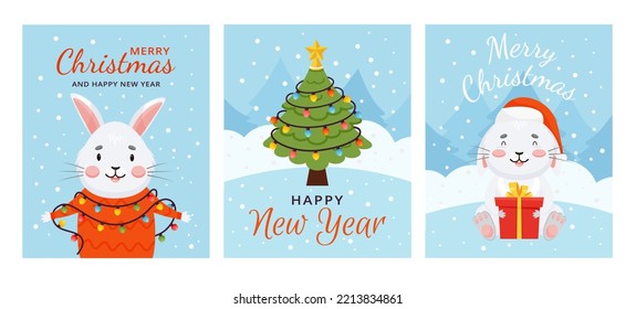 Christmas and New Year vertical set postcards with gray bunny. Greeting cards with winter landscape, forest, snow. New Year Tree is wrapped in a garland with multicolor lights.