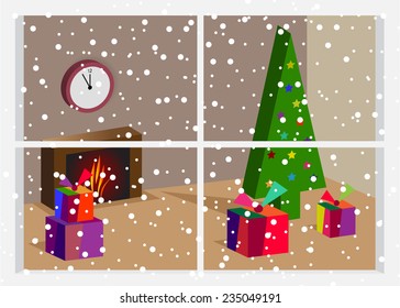 Christmas and new year. A view from the window to the house, a fireplace, a Christmas tree and boxes with gifts