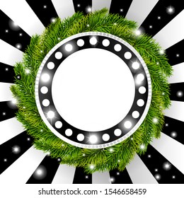Christmas and New Year vintage decoration. Silver ring with christmas tree and garlands on retro manga background. Black decorative shining platinum frame. New year sale concept. Vector illustration