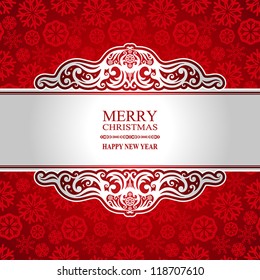 Christmas and New Year vintage greeting card, creative winter background, snowflake ornament, red festive paper, holiday decor, Merry Christmas lettering,  graphic pattern template concept design idea