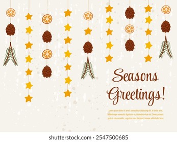 Christmas or New Year Vintage Greeting Banner with hanging natural ornaments. Xmas holiday card with cones, orange slices and stars, fir branches. Festive template with eco design. Vector