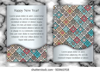 Christmas and New Year vintage greeting card. Vector illustration. Tile mosaic snowflake background.