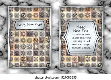 Christmas and New Year vintage greeting card. Vector illustration. Tile mosaic snowflake background.