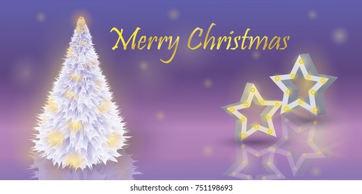 Christmas and new year vintage greeting and invitation card. White Christmas tree and 3d stars ornaments decorations. Winter holidays vector illustration.