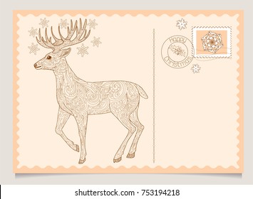 Christmas and New Year vintage greeting postcard with doodle deer. Hand drawn Reindeer vector illustration.