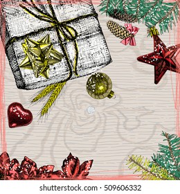 Christmas and New year vintage hand drawn frame mock up with space for your text design. Greeting card or invitation for celebration. Holiday template. Wrapping gift and toys. Vector.