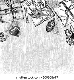 Christmas and New year vintage hand drawn card with space for text. Greeting card or invitation with fir twigs, ball, bow, flower  for celebration. Holiday template. Wrapping gifts and toys. Vector. 