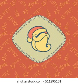 Christmas and New Year vintage ornate frame with Santa Claus head symbol. Doodle illustration greeting card.