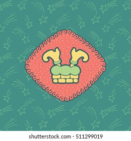 Christmas and New Year vintage ornate frame with Santa Claus legs out of chimney symbol. Doodle illustration greeting card.
